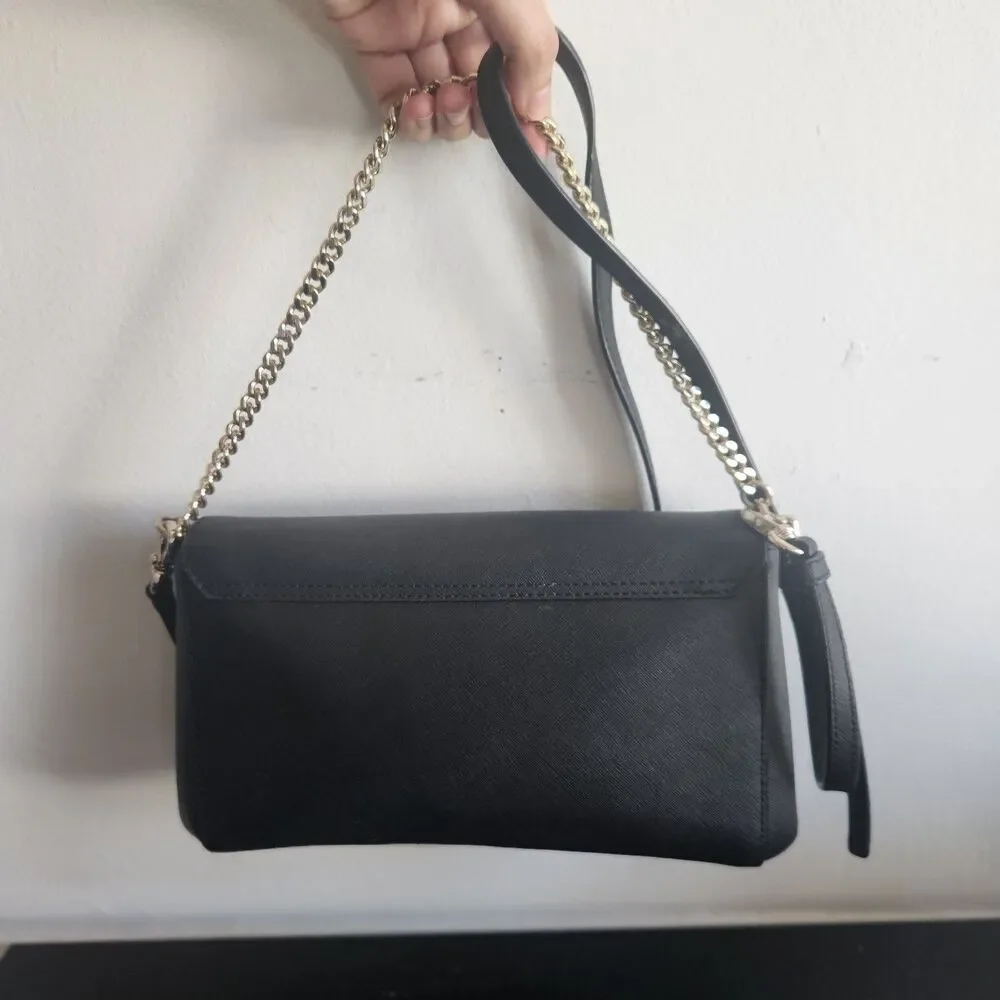 Kate Spade New York Black Saffiano Leather Shoulder Bag Chain Link Accents luxe